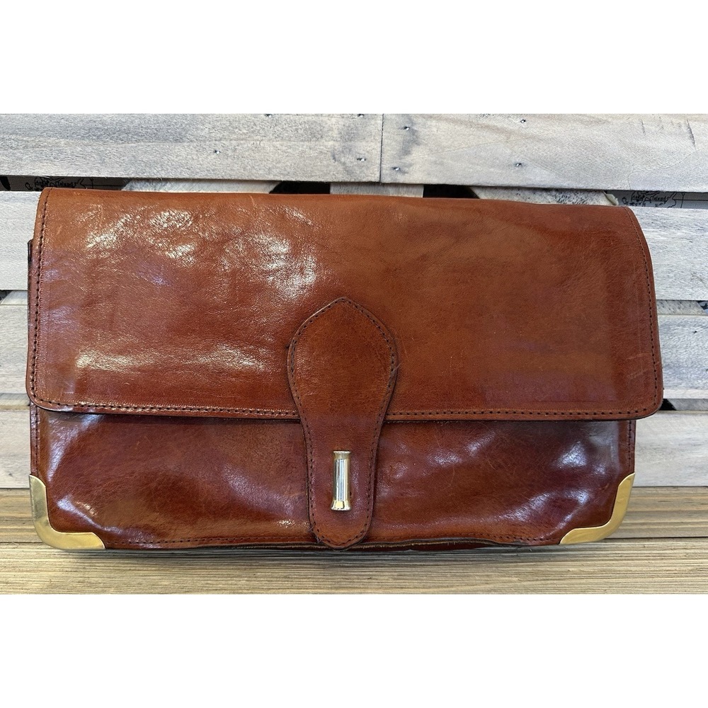 Sears Envelope Italian Leather Clutch 1960s Vintage Womens OS Brown Good